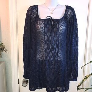 Anthropologie Figuerca & Flower Sheer Lace Navy Shimmery Pullover Top Size 3X